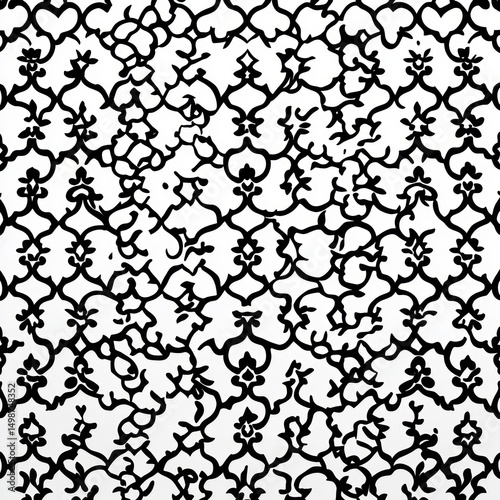 Intricate black symmetrical floral and vine pattern on a white background creating a dense ornamental decorative design