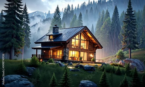 Illuminated cabin nestled amidst a verdant, rain-swept forest, mountains looming in the background
