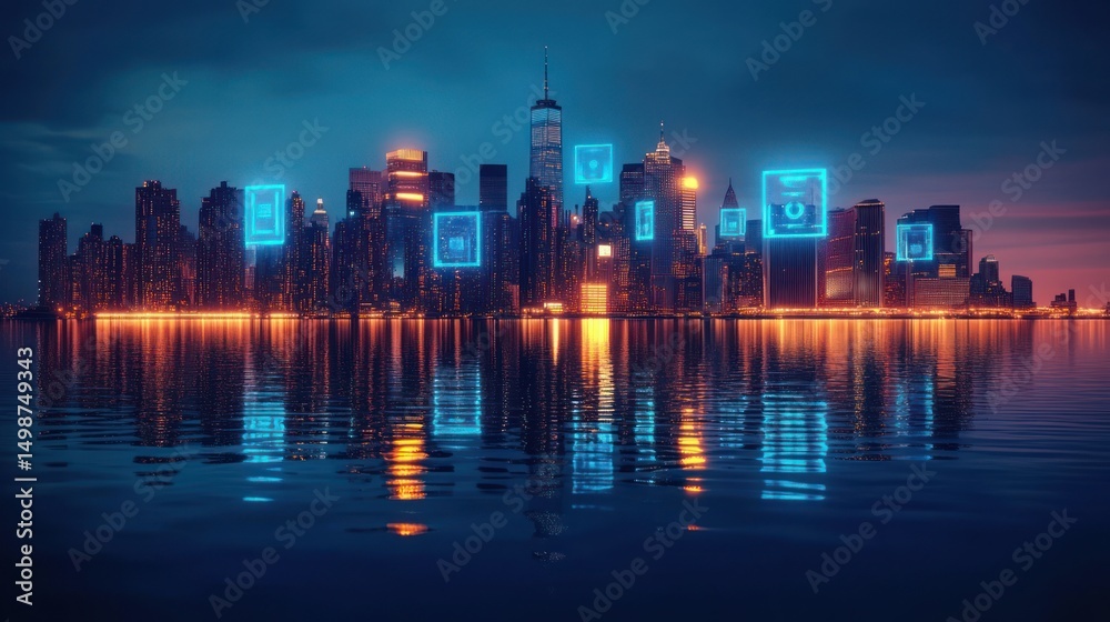 Fototapeta premium Night city skyline reflecting on water with glowing futuristic blue digital interface elements overlaying buildings