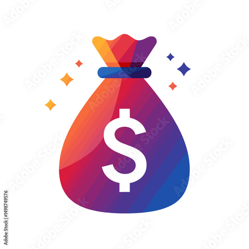 Colorful money bag with dollar sign and sparkles on white background  