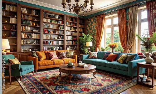 Luxurious living room with rich color palette, ornate rug, and extensive book collection