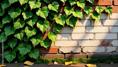 Liana ivy blue on brick wall. Copy space available