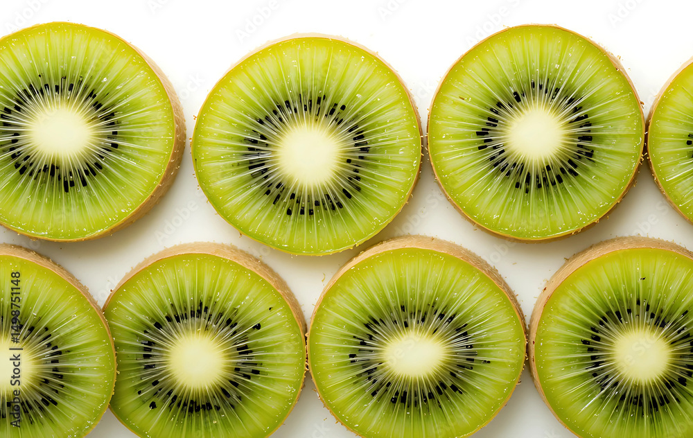 Fototapeta premium A row of kiwi slices arranged in a line across a white surface, high-resolution macro.
