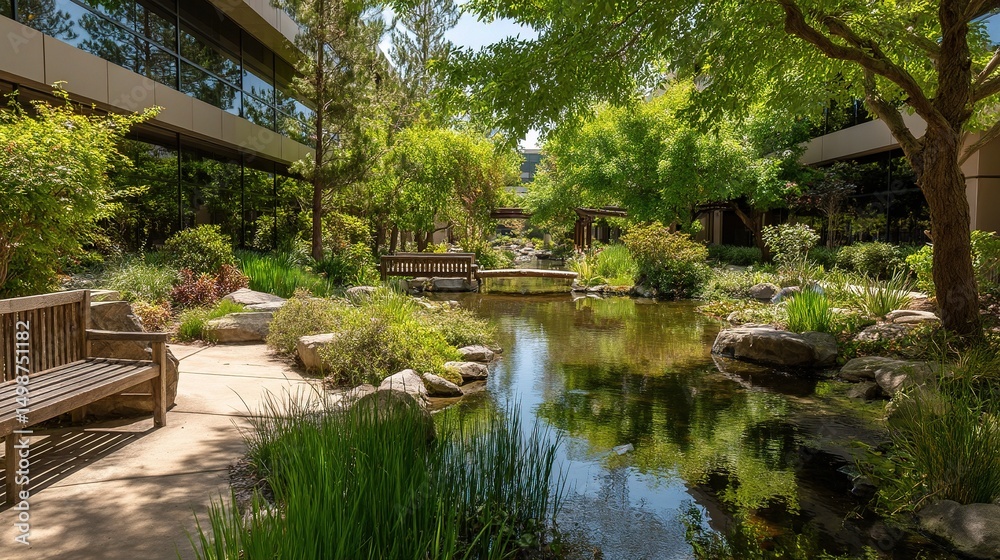 Tranquil Office Garden Space with Walking Trails and Shaded Benches Tranquil Office Garden Space with Walking Trails and Shaded Benches