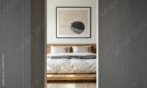 Minimalist bedroom with light beige bedding, wooden furniture, and abstract art