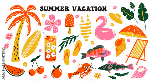 summer sea vacation vibes, tropical aesthetic holiday themed vector sticker elements set. Collection of cute groovy funky cartoon illustration of ocean beach activity objects, drink, exotic plants