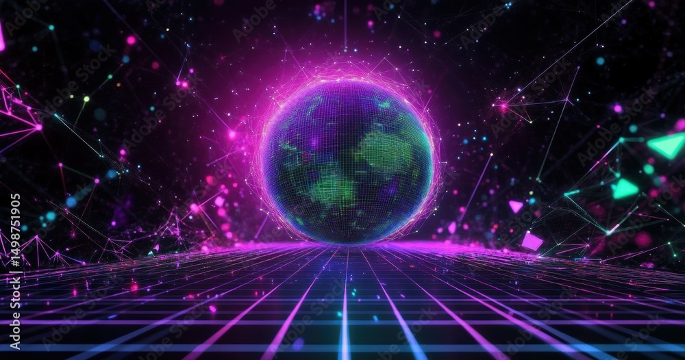 Obraz premium Futuristic digital globe surrounded by neon pink and blue glowing network connections on a dark grid background, representing technology and virtual connectivity