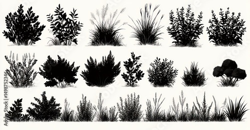 silhouettes of various grass and shrub plants arranged in three rows showing different shapes and densities against a light background