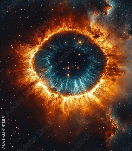 Vivid cosmic nebula resembling a glowing eye with bright blue center and fiery orange outer ring surrounded by stars in deep space