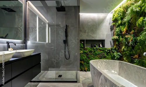 Modern bathroom with grey tiles, glass shower enclosure, double sinks, and a freestanding bathtub situated against a living wall