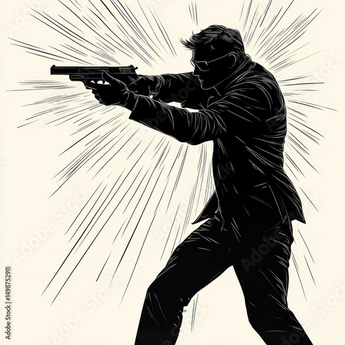 Silhouette of a man aiming a handgun with dynamic radiating lines suggesting action and intensity