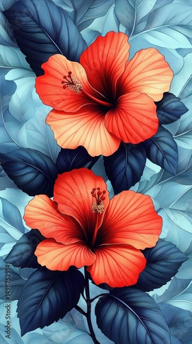 Two vibrant orange hibiscus flowers with detailed petals and stamens surrounded by dark blue-green leaves on a light blue leafy background