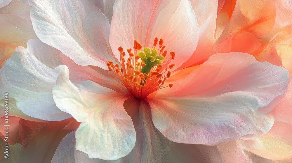 Obraz premium Macro shot of a delicate pink flower with orange stamen and yellow pistil. Use this image for designs needing gentle floral or natural elements.