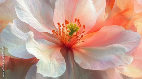 Macro shot of a delicate pink flower with orange stamen and yellow pistil. Use this image for designs needing gentle floral or natural elements.