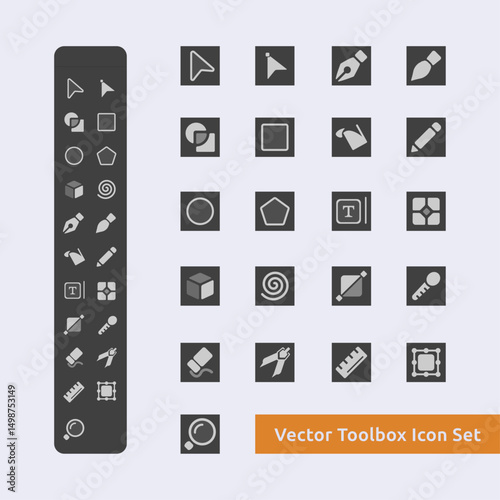 Vector toolbox icon set. Toolbox icons pack design for web, app, software. Dark UI toolbar icon sheet, containing multiple tools.