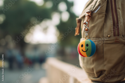 A close-up of a colorful emoji ball keychain on a backpack, with a soft-focus background, evoking feelings of happiness and simple pleasures