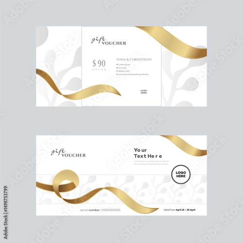 Elegant Gift Voucher Design Gold Ribbon, White Background, 90 Value