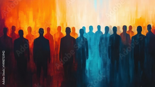 Silhouetted human figures standing in two opposing groups with warm red-orange hues on one side and cool blue tones on the other, evoking contrast and separation