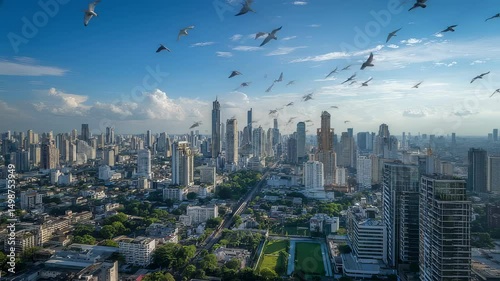 Bangkok thailand aerial cityscape with sprawling skyline, chao phraya river and modern skyscrapers from high vantage point