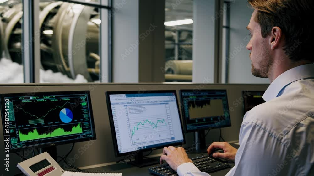 Engineer monitoring hydroelectric power plant production