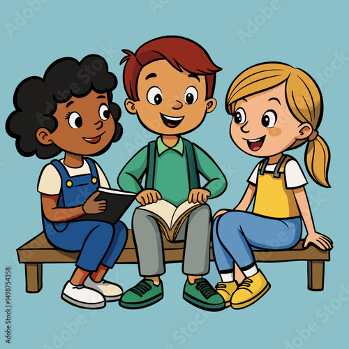 roundup of three children sitting and talking to each other in carton stayle 