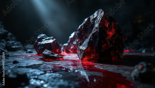 Iridescent Black Quartz with Crimson Veins – Gothic Mystery, Raw Power, Abstract Composition photo