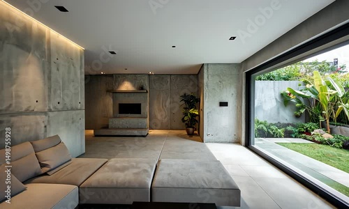 Modern living room with concrete walls, large windows showcasing a lush garden, and a minimalist, light beige sectional sofa