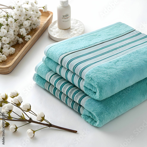 soft and plush teal striped towel folded neatly on white background