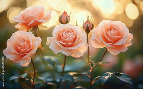 Delicate peach colored roses blooming with soft petals and unopened buds in warm golden sunlight