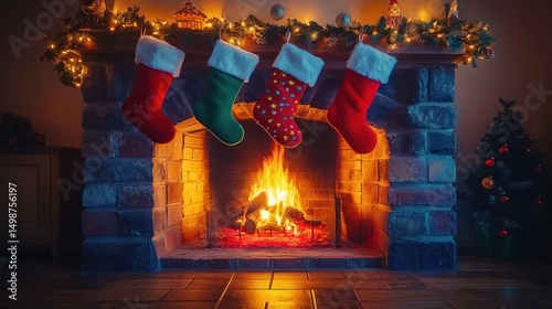 Cozy fireplace illuminates the Christmas stockings hanging above it, their bright colors enhanced by the soft glow of the fire.