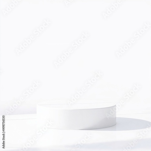 Minimalist white podium with soft natural shadows for product display, empty background, clean modern scene