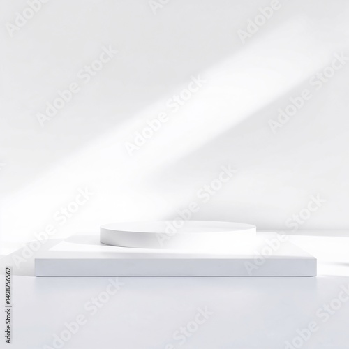 Minimalist white podium with soft natural shadows for product display, empty background, clean modern scene