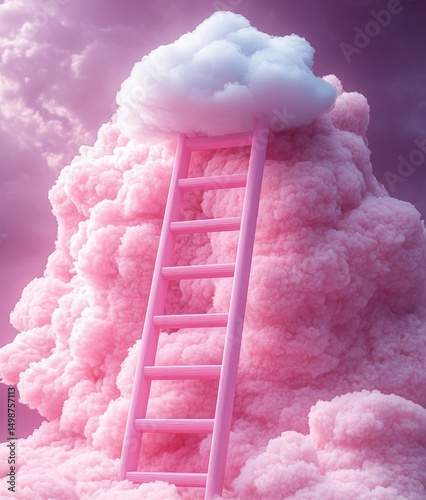 Pink ladder leaning against fluffy pink clouds under a purple sky, suggesting surreal ascent or dreamlike journey