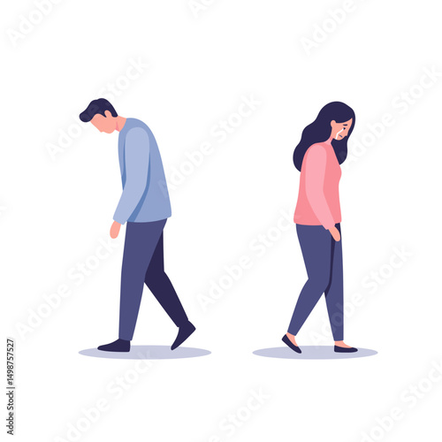 Man and woman walking away from each other with sad expressions  