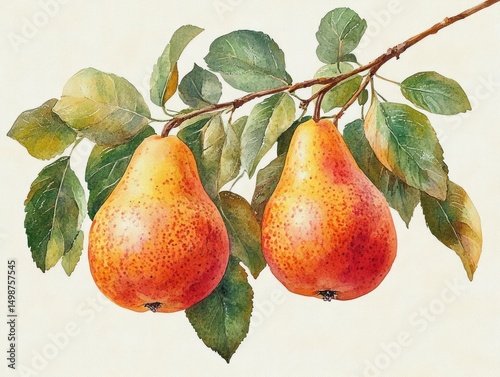 Two ripe orange-yellow pears hanging from a leafy branch with detailed green leaves on a light background