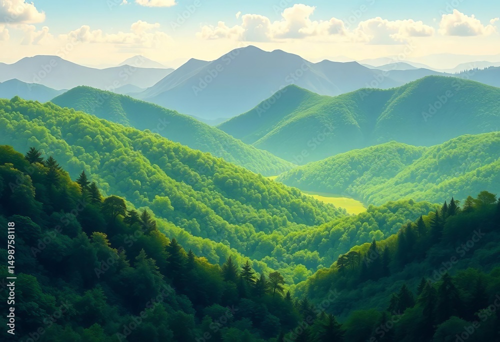 Fototapeta premium Lush green forest covering rolling mountains, vibrant vector illustration, scenic, green