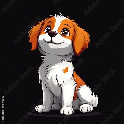 Happy small dog with white and orange fur sitting and looking upward with big expressive eyes on black background
