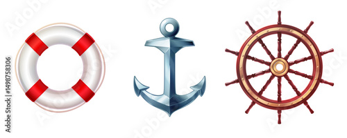 vector sea ocean maritime icon silver vintage lifebuoy, anchor, boat handwheel set. Clipart isolated on transparent background
