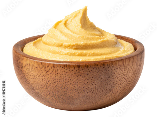 Smooth Yellow Spread in Wooden Bowl on Transparent Background