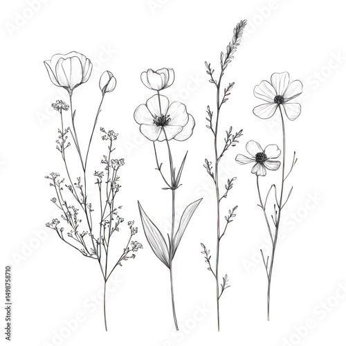 Fototapeta Naklejka Na Ścianę i Meble -  Floral sketch drawing of flowers isolated on transparent background