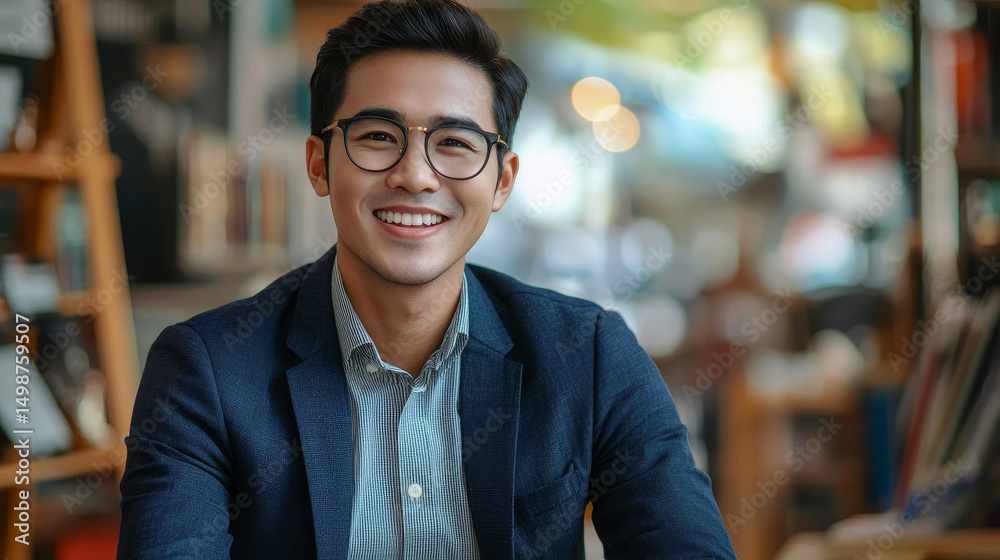 Fototapeta premium asian businessman startup company entrepreneur sit smile with happiness in new shop store office background business ideas concept