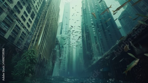 A surreal underwater city where skyscrapers are submerged, and fish swim through abandoned streets, showing a stark warning of rising sea levels while leaving space 