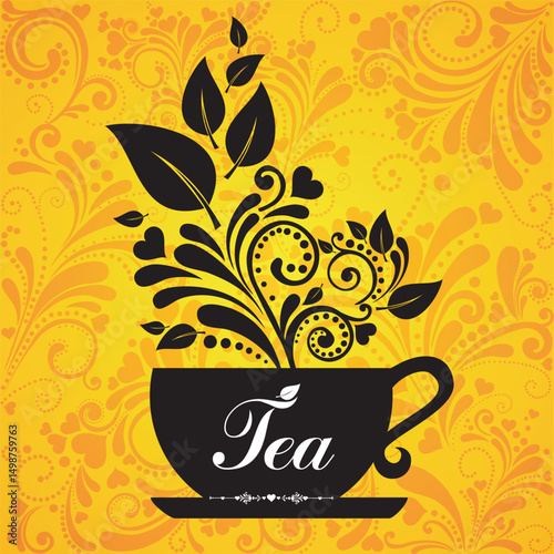 Cute tea time card. Cup with floral design elements. Menu for restaurant, cafe, bar, tea-house. vector illustration 