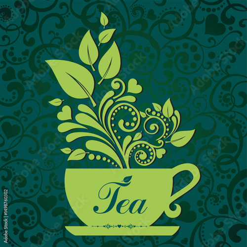 Cute tea time card. Cup with floral design elements. Menu for restaurant, cafe, bar, tea-house. vector illustration 