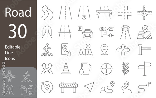 Road Editable Line Icons Set. GPS navigation, road junction, highway, distribution, traffic related icons, and more. Vector illustration