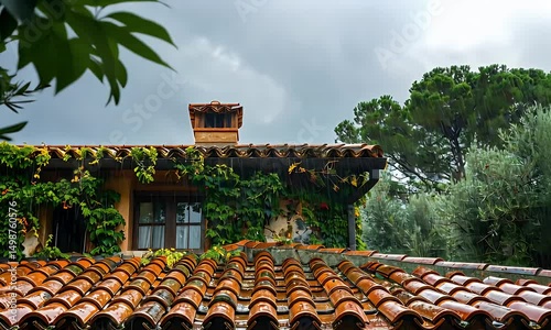 Rain-soaked terracotta roof tiles gleam under a stormy sky, lush vegetation clinging to the building's walls