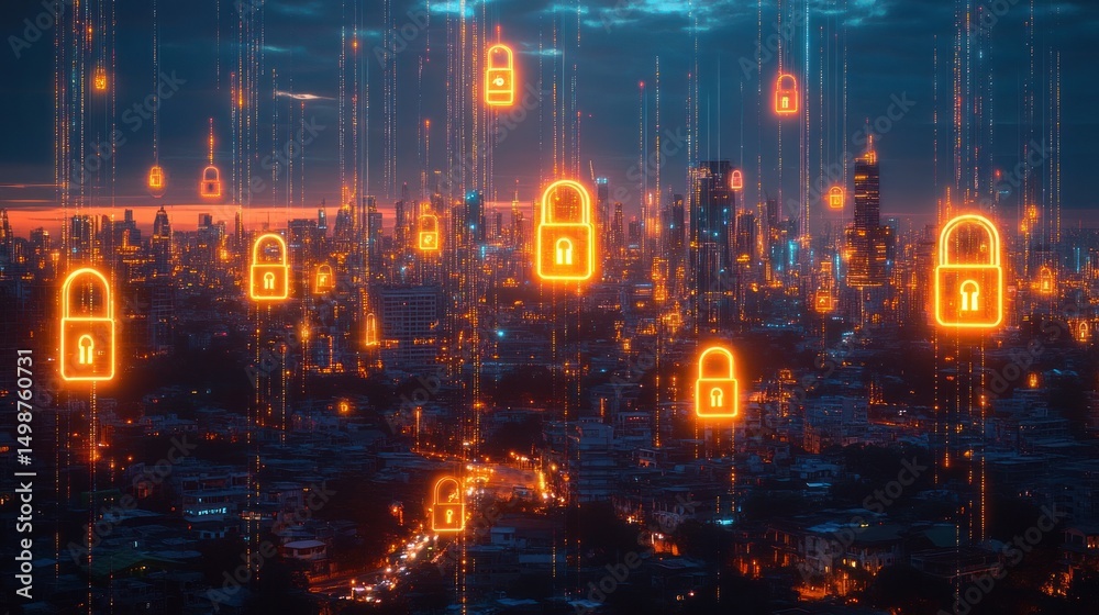 Fototapeta premium Cityscape at dusk with glowing digital padlock icons floating above buildings symbolizing cybersecurity and data protection