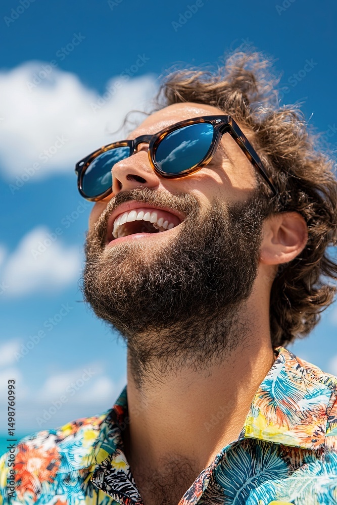 Happy man with sunglasses on a sunny beach, ideal for promoting travel, beachwear, or sunglasses. Happy man with sunglasses on a sunny beach, ideal for promoting travel, beachwear, or sunglasses.
