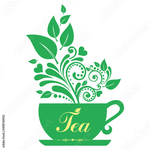 Cute tea time card. Cup with floral design elements. Menu for restaurant, cafe, bar, tea-house. vector illustration 