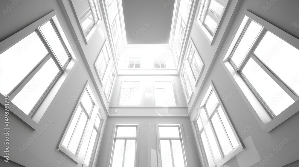 Fototapeta premium Bright interior view of modern building with multiple windows and natural light, creating open and airy atmosphere, emphasizing transparency and architectural design, udggwp Depicting building